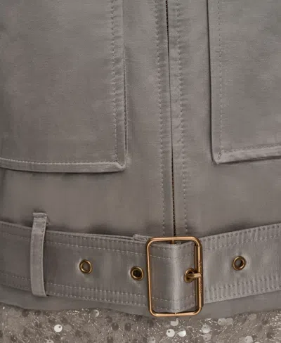 Donna Karan Womens Long Sleeve Belted Jacket Short Sleeve Mock Neck Sweater Sequin Detail Midi Skirt In Gray