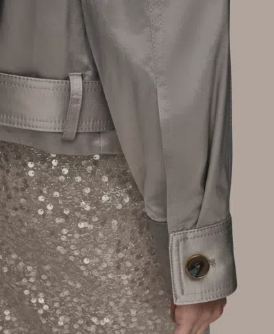 Donna Karan Womens Long Sleeve Belted Jacket Short Sleeve Mock Neck Sweater Sequin Detail Midi Skirt In Gray