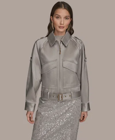 Donna Karan Womens Long Sleeve Belted Jacket Short Sleeve Mock Neck Sweater Sequin Detail Midi Skirt In Gray