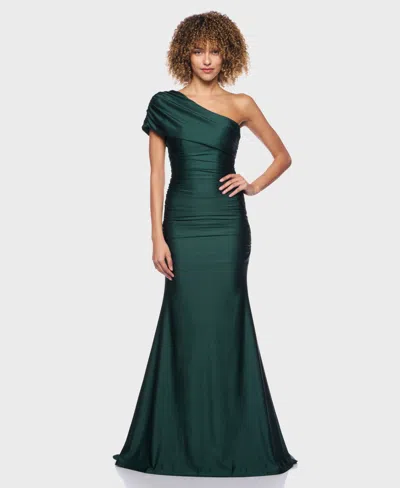 B Darlin Juniors' One-shoulder Draped Floor-sweeping Gown In Green
