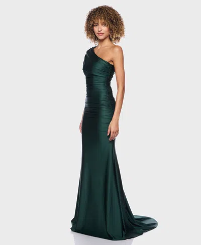 B Darlin Juniors' One-shoulder Draped Floor-sweeping Gown In Green