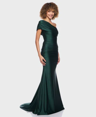 B Darlin Juniors' One-shoulder Draped Floor-sweeping Gown In Green