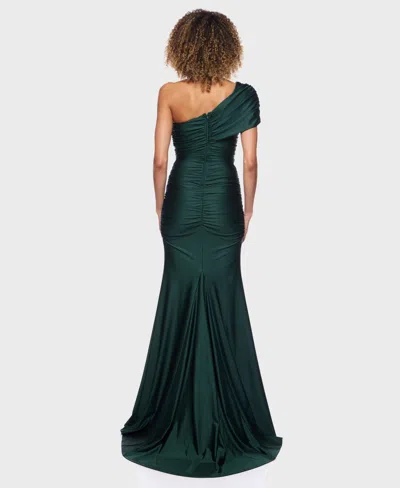B Darlin Juniors' One-shoulder Draped Floor-sweeping Gown In Green