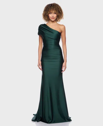 B Darlin Juniors' One-shoulder Draped Floor-sweeping Gown In Green