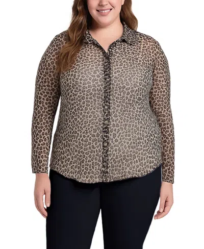 Coin 1804 Plus Size Jaguar Mesh Button Front Closure Shirt In Brown