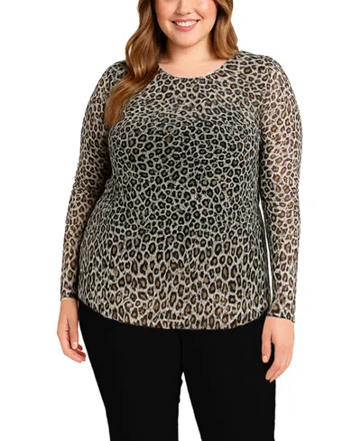 Coin 1804 Plus Size Jaguar Mesh Scoop Neck Long Sleeve Top In Animal Print