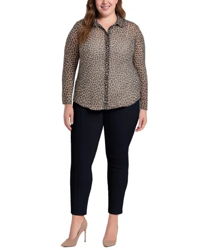 Coin 1804 Plus Size Jaguar Mesh Button Front Closure Shirt In Brown