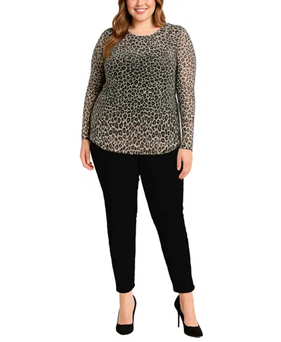 Coin 1804 Plus Size Jaguar Mesh Scoop Neck Long Sleeve Top In Animal Print