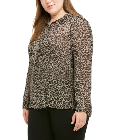Coin 1804 Plus Size Jaguar Mesh Button Front Closure Shirt In Brown