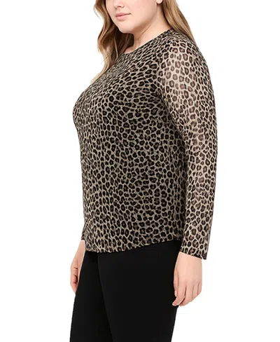 Coin 1804 Plus Size Jaguar Mesh Scoop Neck Long Sleeve Top In Animal Print