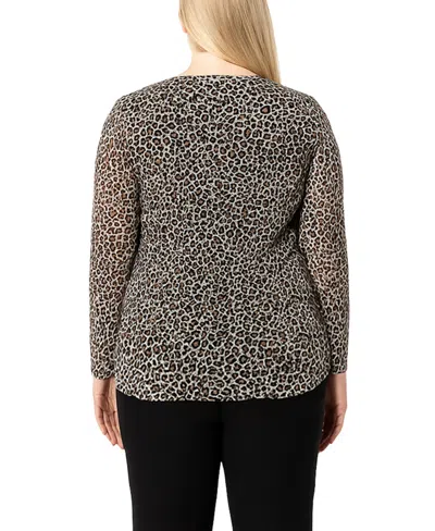 Coin 1804 Plus Size Jaguar Mesh Scoop Neck Long Sleeve Top In Animal Print