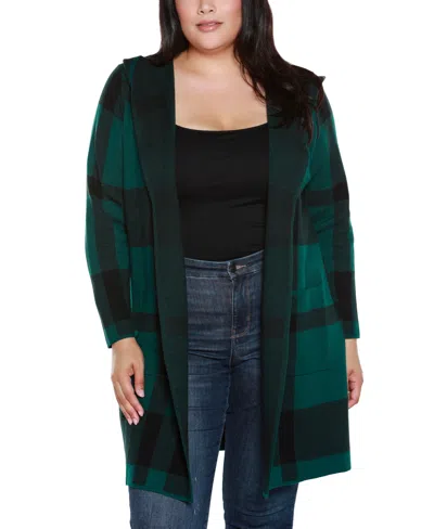 Belldini Plus Size Hooded Plaid Coatigan Sweater In Green