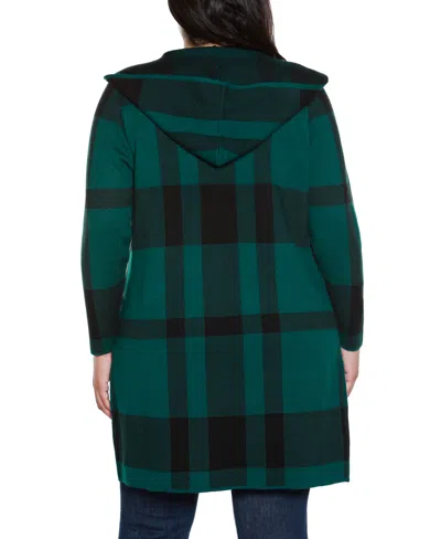 Belldini Plus Size Hooded Plaid Coatigan Sweater In Green