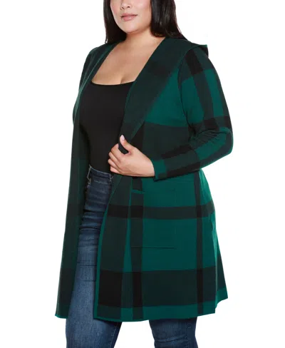Belldini Plus Size Hooded Plaid Coatigan Sweater In Green