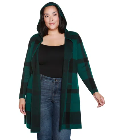 Belldini Plus Size Hooded Plaid Coatigan Sweater In Green