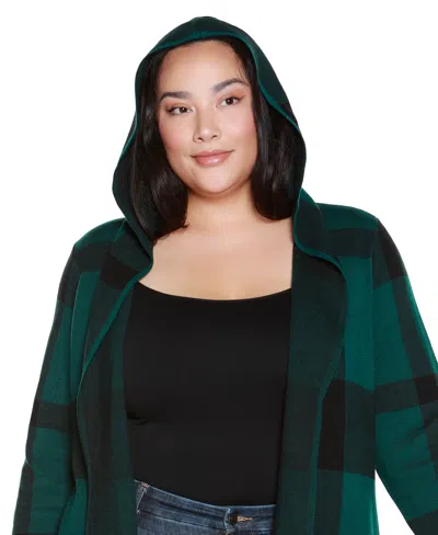 Belldini Plus Size Hooded Plaid Coatigan Sweater In Green
