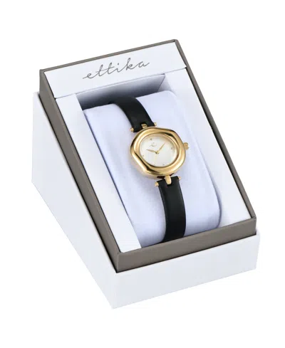 Ettika Open Circle Gold Plated Black Leather Watch, 70-110mm In Black