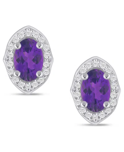 Macy's Gemstone And Diamond ((1/5 Ct. T.w.) Halo Stud Earrings In 10k White Gold (also In 10k Yellow Gold) In Purple