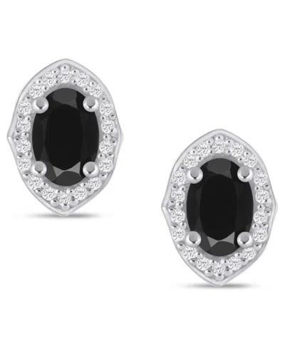 Macy's Gemstone And Diamond ((1/5 Ct. T.w.) Halo Stud Earrings In 10k White Gold (also In 10k Yellow Gold) In Black