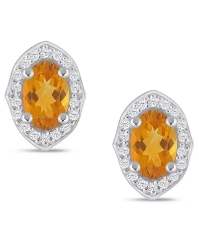 Macy's Gemstone And Diamond ((1/5 Ct. T.w.) Halo Stud Earrings In 10k White Gold (also In 10k Yellow Gold) In Silver
