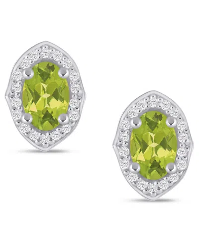 Macy's Gemstone And Diamond ((1/5 Ct. T.w.) Halo Stud Earrings In 10k White Gold (also In 10k Yellow Gold) In Green