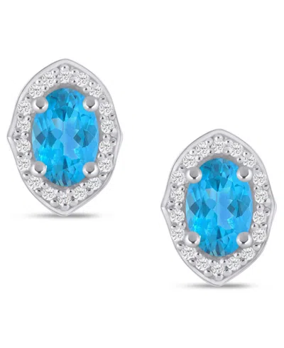 Macy's Gemstone And Diamond ((1/5 Ct. T.w.) Halo Stud Earrings In 10k White Gold (also In 10k Yellow Gold) In Blue