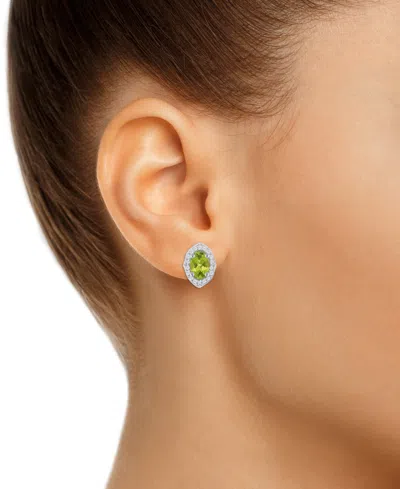 Macy's Gemstone And Diamond ((1/5 Ct. T.w.) Halo Stud Earrings In 10k White Gold (also In 10k Yellow Gold) In Green