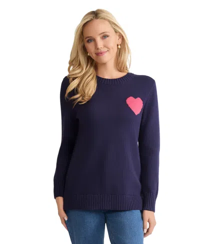 Jones New York Petite Heart Crewneck Sweater In Blue