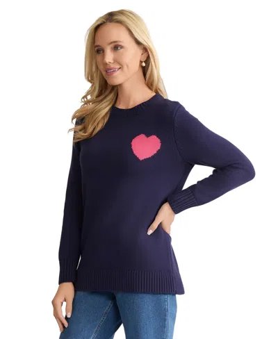 Jones New York Petite Heart Crewneck Sweater In Blue
