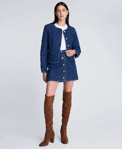 Kenneth Cole Denim Quilted Collarless Jacket In Blue