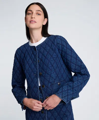 Kenneth Cole Denim Quilted Collarless Jacket In Blue