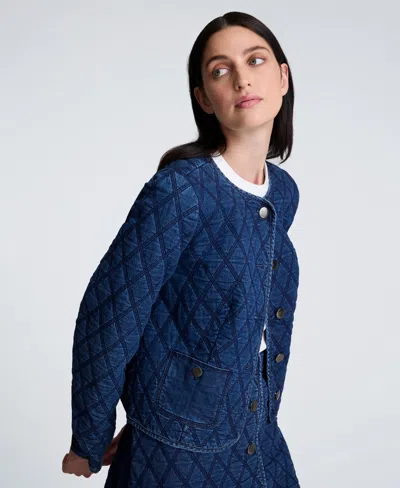 Kenneth Cole Denim Quilted Collarless Jacket In Blue