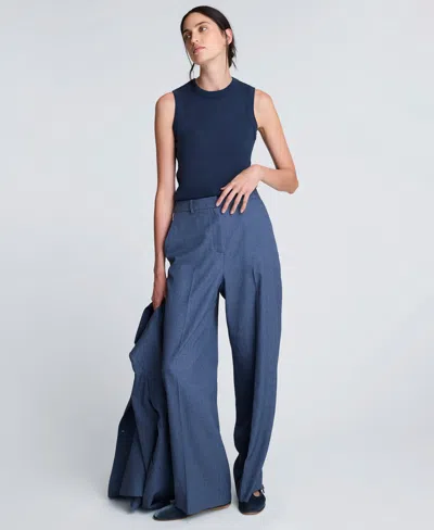 Kenneth Cole Textured Pinstripe Fly Front High Rise Boyfriend Wide Leg Pant In Blue