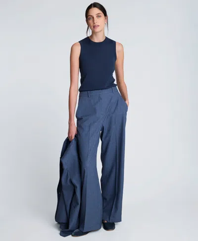 Kenneth Cole Textured Pinstripe Fly Front High Rise Boyfriend Wide Leg Pant In Blue