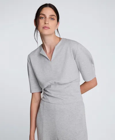 Kenneth Cole Scuba Knit Cropped Puff Sleeve Banded Hem Top In Gray