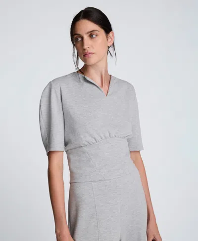 Kenneth Cole Scuba Knit Cropped Puff Sleeve Banded Hem Top In Gray