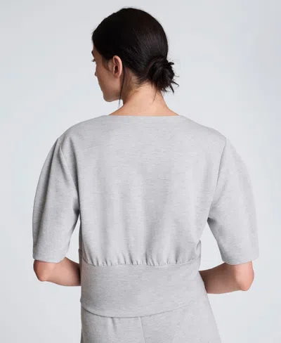 Kenneth Cole Scuba Knit Cropped Puff Sleeve Banded Hem Top In Gray
