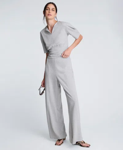 Kenneth Cole Scuba Knit Cropped Puff Sleeve Banded Hem Top In Gray