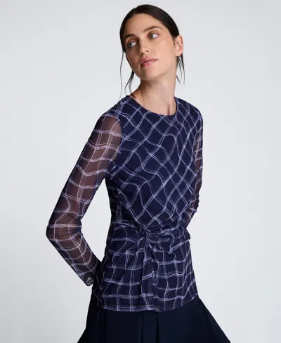 Kenneth Cole Waist Knot Long Sleeve Mesh Knit Top In Multi