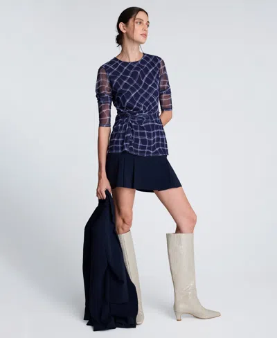 Kenneth Cole Waist Knot Long Sleeve Mesh Knit Top In Multi