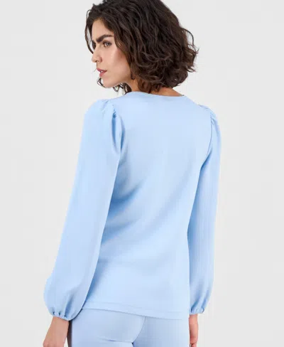 Ak Anne Klein Women's Serenity Knit Long-puff-sleeve Top In Blue