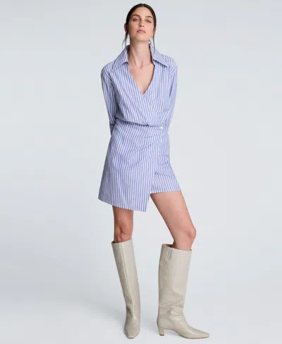 Kenneth Cole Striped Poplin Asymmetrical Shirt Dress In Blue