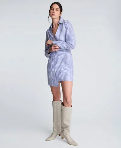 Kenneth Cole Striped Poplin Asymmetrical Shirt Dress In Blue