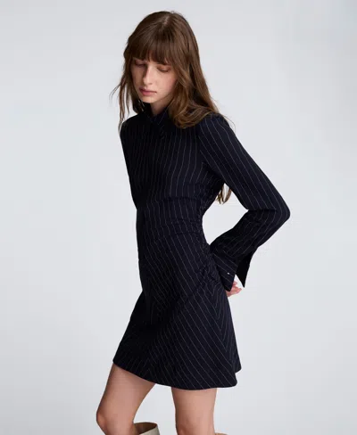 Kenneth Cole Pinstripe Crepe A-line Zip Front Dress In Blue