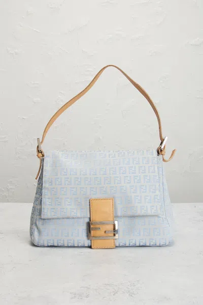 Pre-owned Fendi Zucchino Mama Baguette Shoulder Bag In Blue