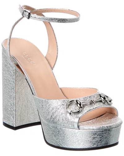 Gucci Horsebit Leather Platform Sandal In Silver