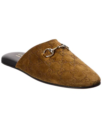 Gucci Women Brown Mule With Horsebit On The Front And All-over Gg Motif In Suede Woman In Brown