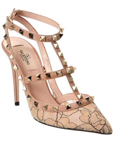 Valentino Rockstud Caged 100 Lace & Suede Ankle Strap Pump In Multi