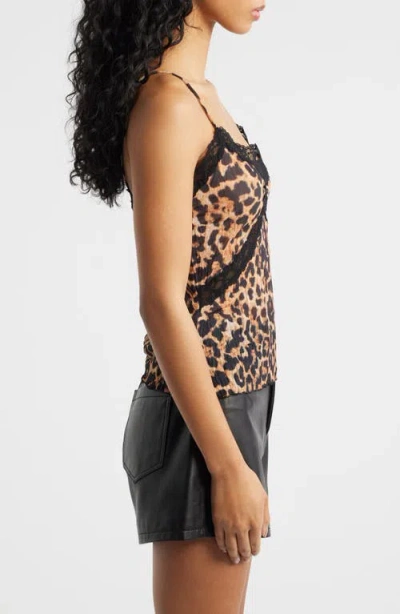 Topshop Animal Spot Lace Trim Camisole In Brown