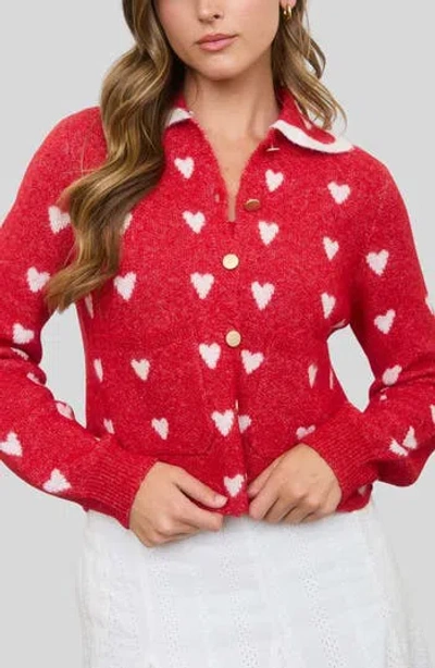 Blu Pepper Heart Peter Pan Collar Cardigan In Red